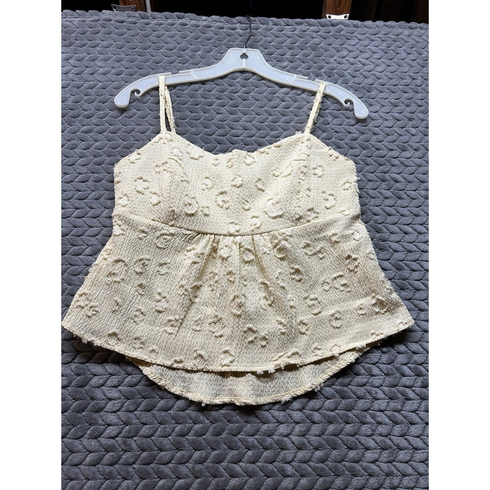 Livvy Womens Medium Textured Babydoll Cami Tank Top Cream Smocked Boho Peplum